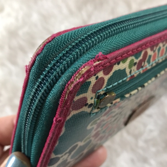 FOSSIL zip around coated canvas wallet teal pink - Picture 8 of 14